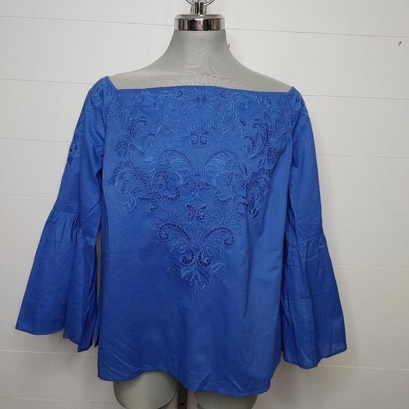 CHICO'S embroidered trumpet sleeve boho top L - Picture 1 of 13